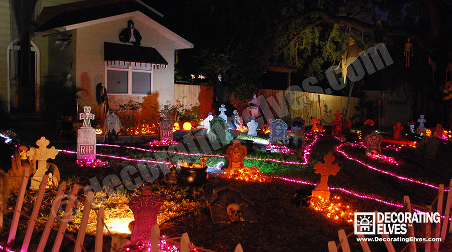 Halloween Lights and Décor with Graveyard scene