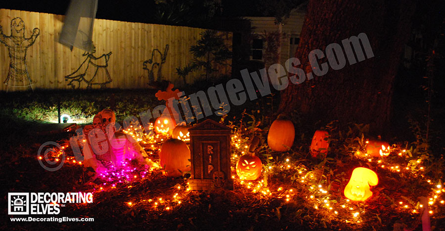 Halloween Décor Graveyard Scene with Tombstone, mini lights, props, Jack-O-lanterns