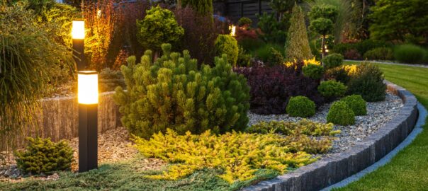 Pathway lighting in a landscaped yard