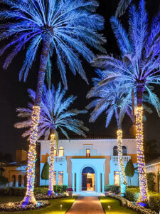 luxury home lighting entrance with palms and pathway lights