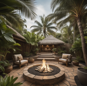 Landscaped cozy tropical backyard with fire pit